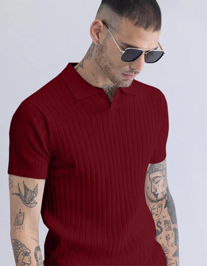 Veirdo® Men’s Casual Ribbed Polo Collar Knit T-Shirt | Slim Fit Short Sleeve Polo for Men | Flat Knit Textured T-Shirt Perfect for Office, Party, Travel (Polo_FK6_WN_L) Wine - Image 2