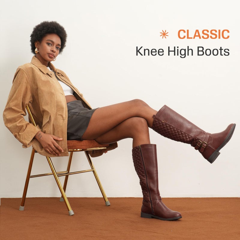 Vepose Women's Knee High Boots, Tall Riding Boots with Low Heel, 949 - Coffee, Size 8.5 US - Buckle and Inside Zip (CJY949 Coffee 08.5) - Image 3
