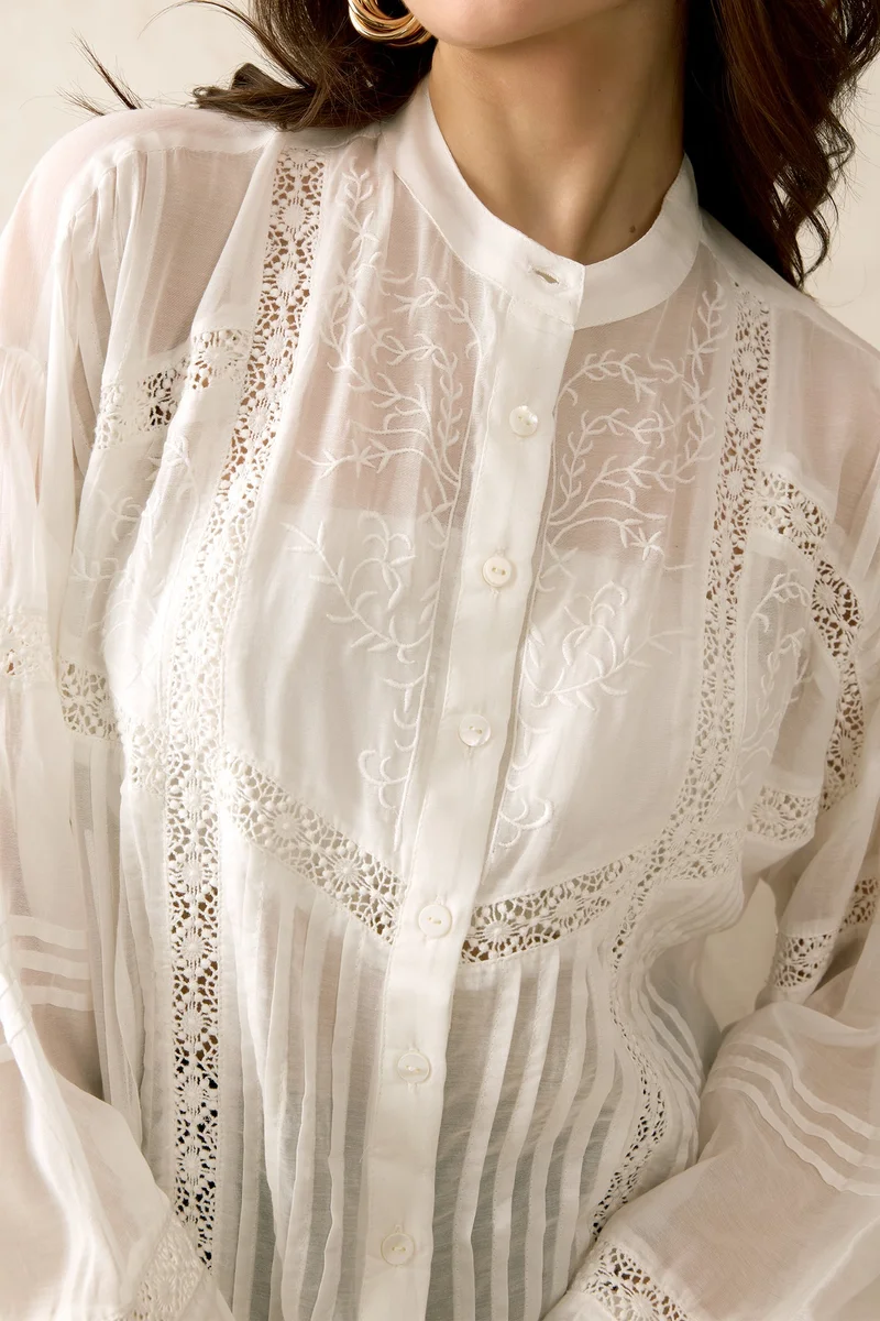 Virgio Cotton Pintuck Brunchwear Detail Lace Shirts for Women