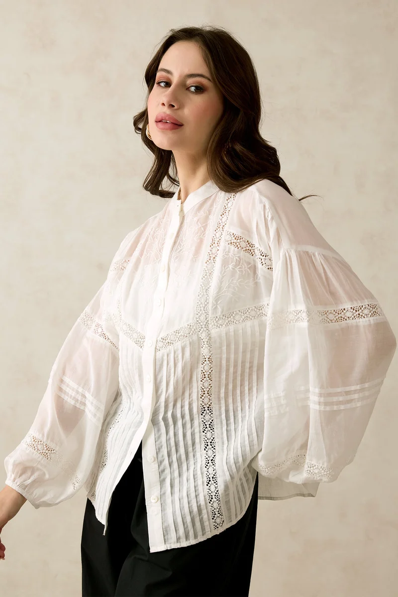 Virgio Cotton Pintuck Brunchwear Detail Lace Shirts for Women