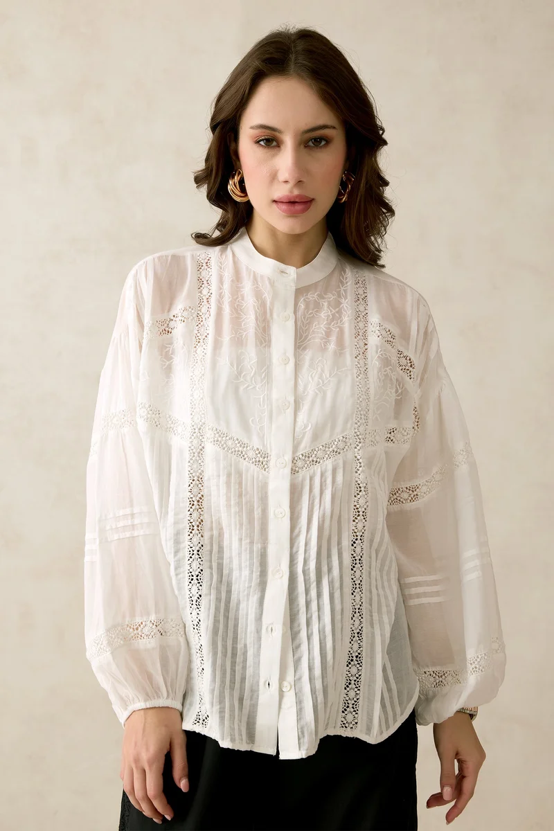 Virgio Cotton Pintuck Brunchwear Detail Lace Shirts for Women