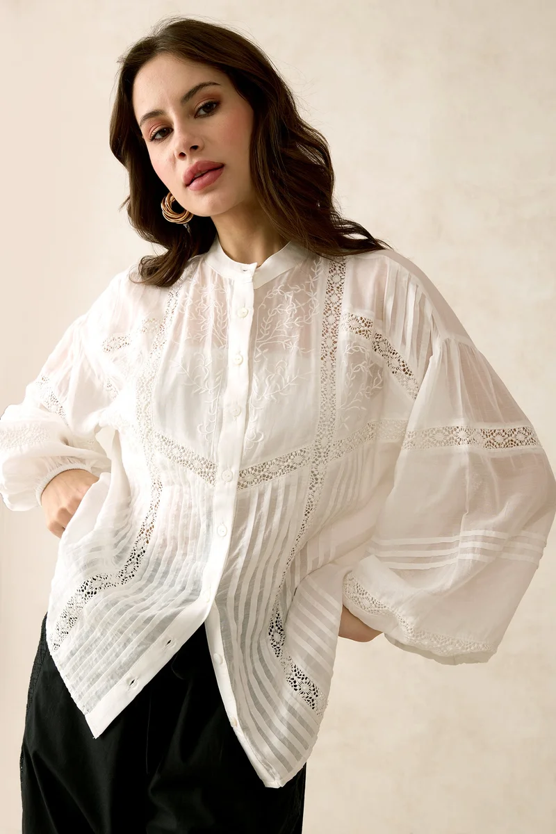 فيرجيو Cotton Pintuck Brunchwear Detail Lace Shirts for Women