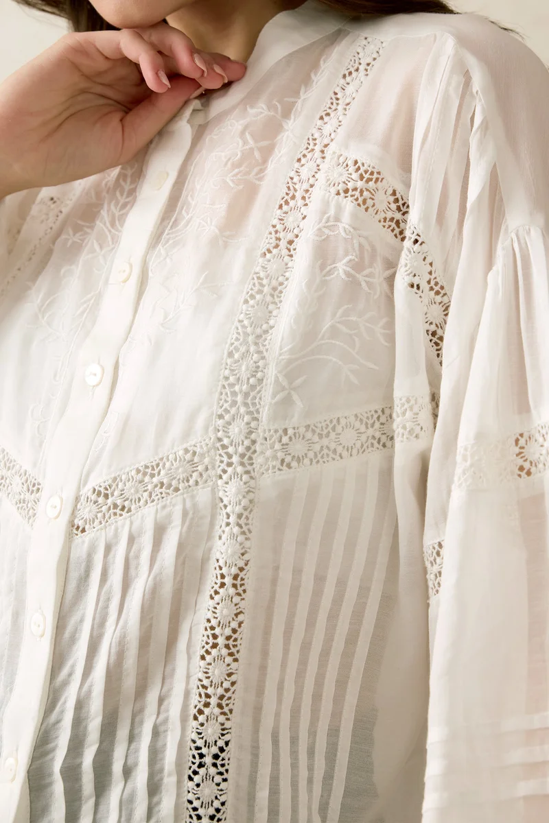Virgio Cotton Pintuck Brunchwear Detail Lace Shirts for Women