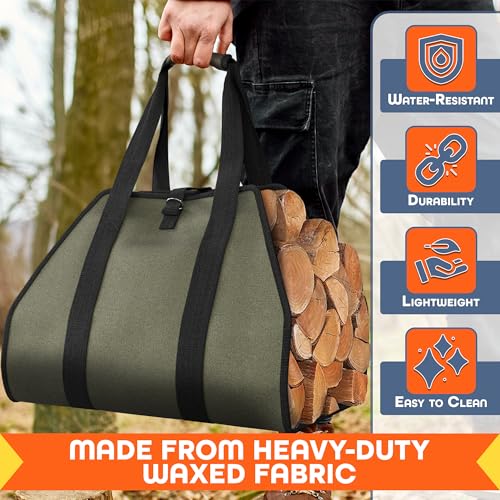 VIKROM Water-Resistant Firewood Carrier Bag – 39.4"x18.5" Waxed Canvas Log Carrier for Firewood, Open-Ended Design, Large Capacity Wood Tote with Padded Handles, Buckle Strap & Folds Flat for Easy Storage - Image 3