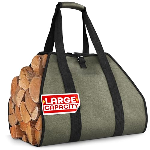 VIKROM Water-Resistant Firewood Carrier Bag – 39.4"x18.5" Waxed Canvas Log Carrier for Firewood, Open-Ended Design, Large Capacity Wood Tote with Padded Handles, Buckle Strap & Folds Flat for Easy Storage - Image 1