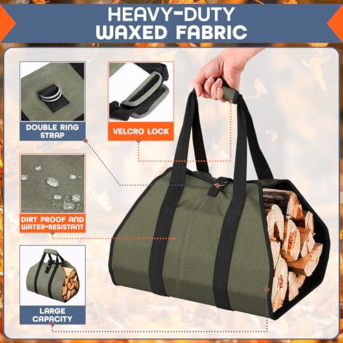 VIKROM Water-Resistant Firewood Carrier Bag – 39.4"x18.5" Waxed Canvas Log Carrier for Firewood, Open-Ended Design, Large Capacity Wood Tote with Padded Handles, Buckle Strap & Folds Flat for Easy Storage - Image 4