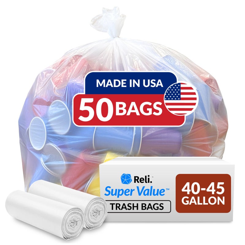 Reli. 40 to 45 Gallon Trash Bags Heavy Duty | 50 Trash Bags | Super Sizeable, Clear, Garbage for Serious Cleanup - Image 1