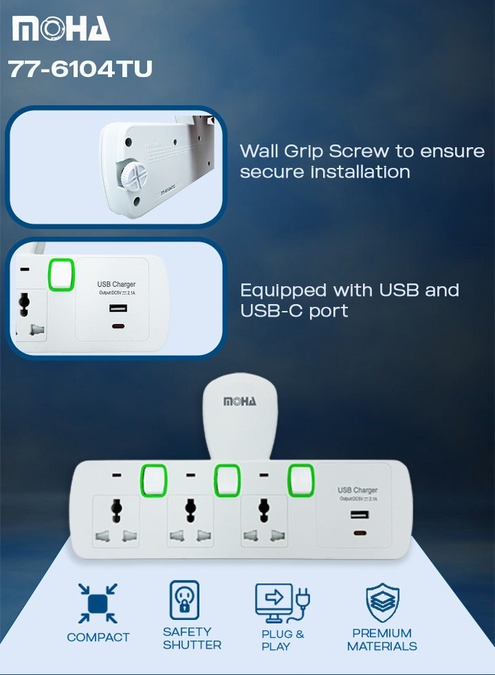 Moha Multi Plug Extension Adapter – 3 Universal AC Sockets + 1 USB Port & 1 Type-C Port, Compact Wall Charger for Home, Office & Travel - Image 3
