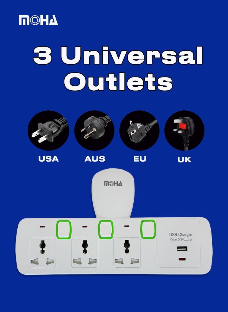 Moha Multi Plug Extension Adapter – 3 Universal AC Sockets + 1 USB Port & 1 Type-C Port, Compact Wall Charger for Home, Office & Travel - Image 2