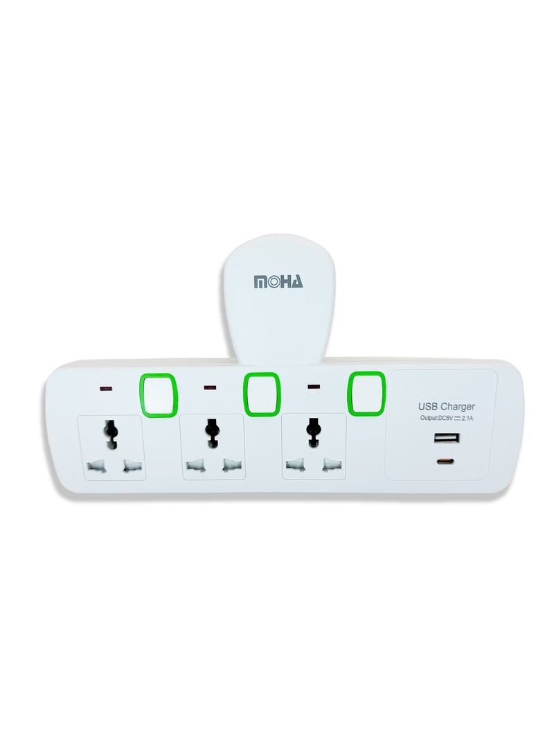 Moha Multi Plug Extension Adapter – 3 Universal AC Sockets + 1 USB Port & 1 Type-C Port, Compact Wall Charger for Home, Office & Travel - Image 1