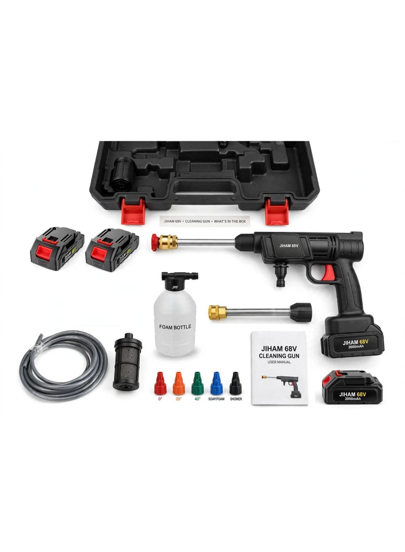 JIHAM Wireless Car Wash Gun 68V High Pressure Washer Machine Cordless Portable Electric Cleaning Gun With Double Battery Box Packing With Hose Foam Bottle Nozzles Charger For Car Wash Bike Garden Home Cleaning Machine - Image 4