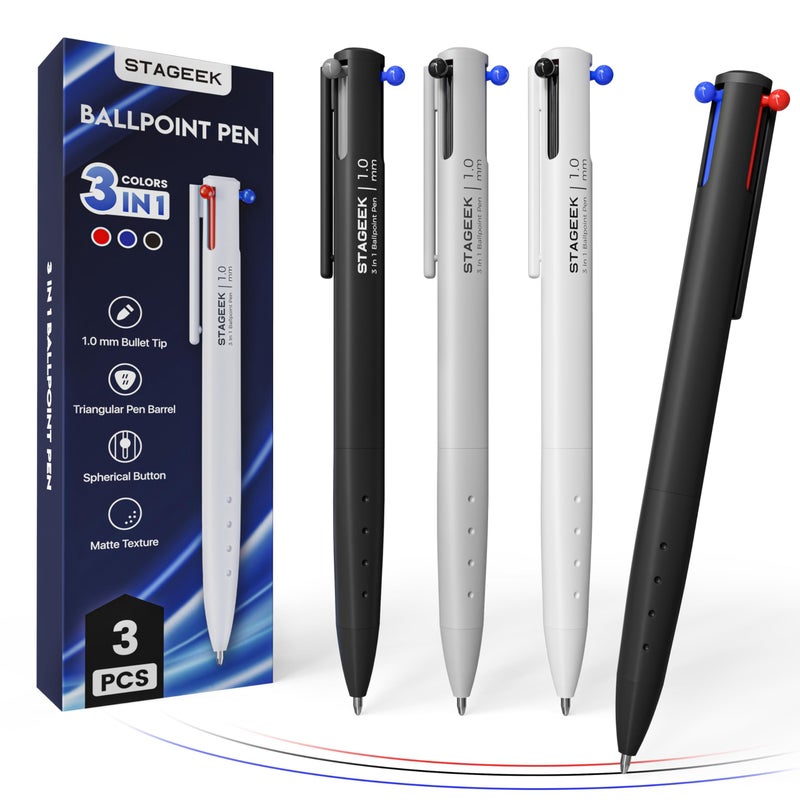 STAGEEK 3 PCS Multicolor Pens, 3-in-1 Colored Multi Colored Pen, 1.0mm Quick Dry Ballpoint Pens, Smooth Writing Colorful Retractable Pens for Office, School Supplies, Nursing Notes & Taking, Writing - Image 1