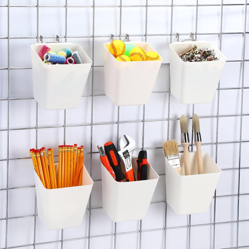LOYIM 6 Pack Large Gridwall Cups Gridwall Storage Bin with Hooks Hanging Baskets Square Box Shape Hanging Cup Holder Gridwall Accessories for Garage Workbench Office Playroom Home KitchenWhite - Image 2