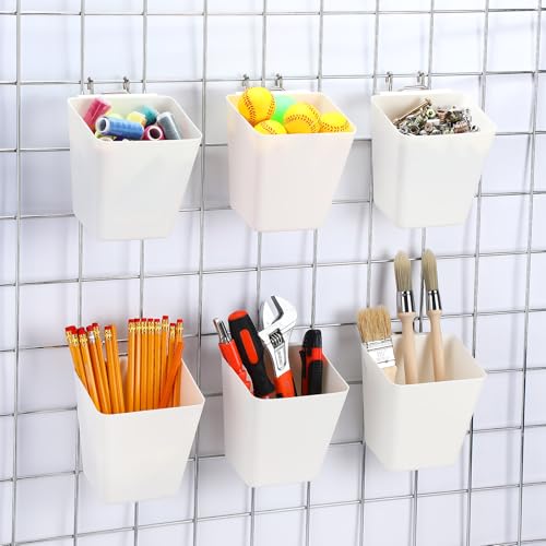 LOYIM 6 Pack Large Gridwall Cups Gridwall Storage Bin with Hooks Hanging Baskets Square Box Shape Hanging Cup Holder Gridwall Accessories for Garage Workbench Office Playroom Home KitchenWhite - Image 1