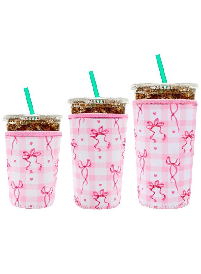 YR Reusable Neoprene Insulator Sleeve for Iced Coffee Cups, 3 Pack Coffee Coolies sleeves for Iced & Hot Drinks, Cold Beverage Cooler Compatible with Starbucks Coffee and More (Cute Bows) - Image 1