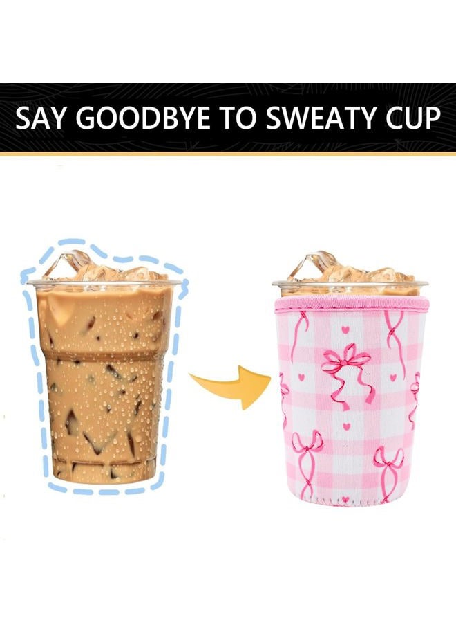 YR Reusable Neoprene Insulator Sleeve for Iced Coffee Cups, 3 Pack Coffee Coolies sleeves for Iced & Hot Drinks, Cold Beverage Cooler Compatible with Starbucks Coffee and More (Cute Bows) - Image 4