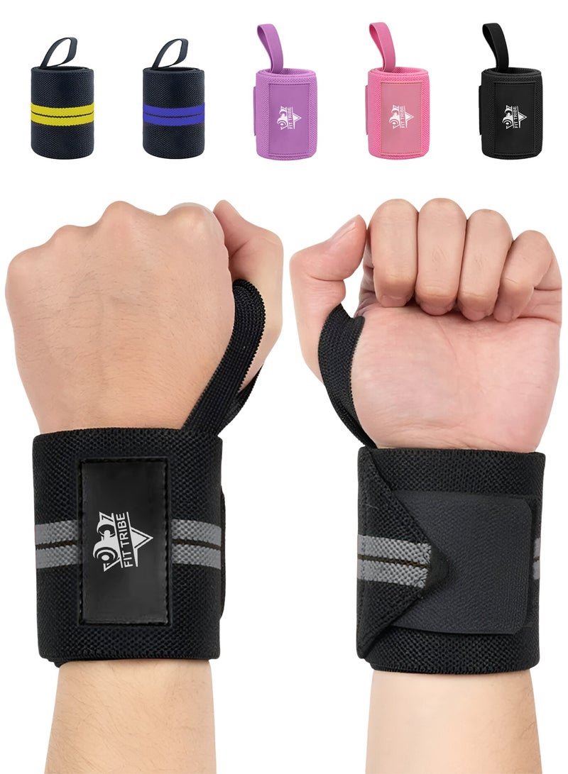 FIT TRIBE Workout Wrist Straps for Powerlifting - Premium Wrist Support for Men & Women - Thumb Loops for Extra Grip and Comfort - Ideal for Weightlifting and Intense Workouts (Grey Stripes) - Image 1