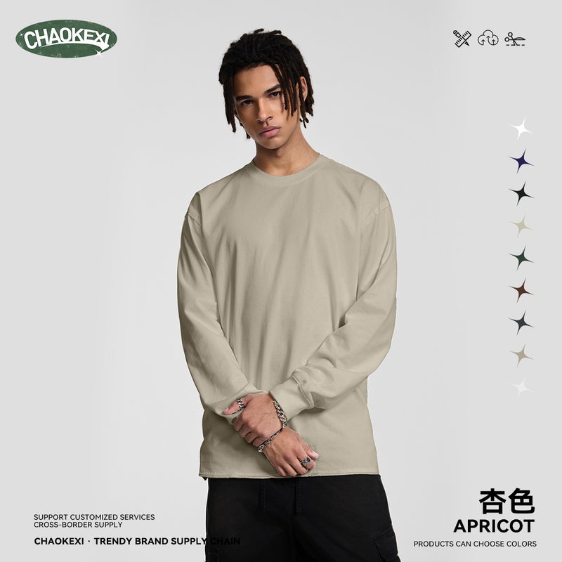 Autumn American high street solid color heavyweight 305g pure cotton short-sleeved loose long-sleeved basic men's and women's small neckline men's clothing - Image 3