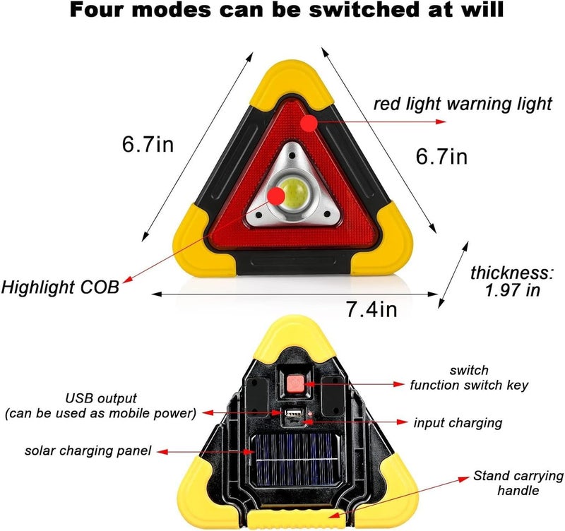 QIMIT Emergency Warning Triangle LED Lights, Solar Charging 5 Mode Road Side LED Triangle Emergency Light for Car Safety Triangles Dot, Approved for Vehicle Breakdown Accident (QM-EMG-LIGHT-972) - Image 4