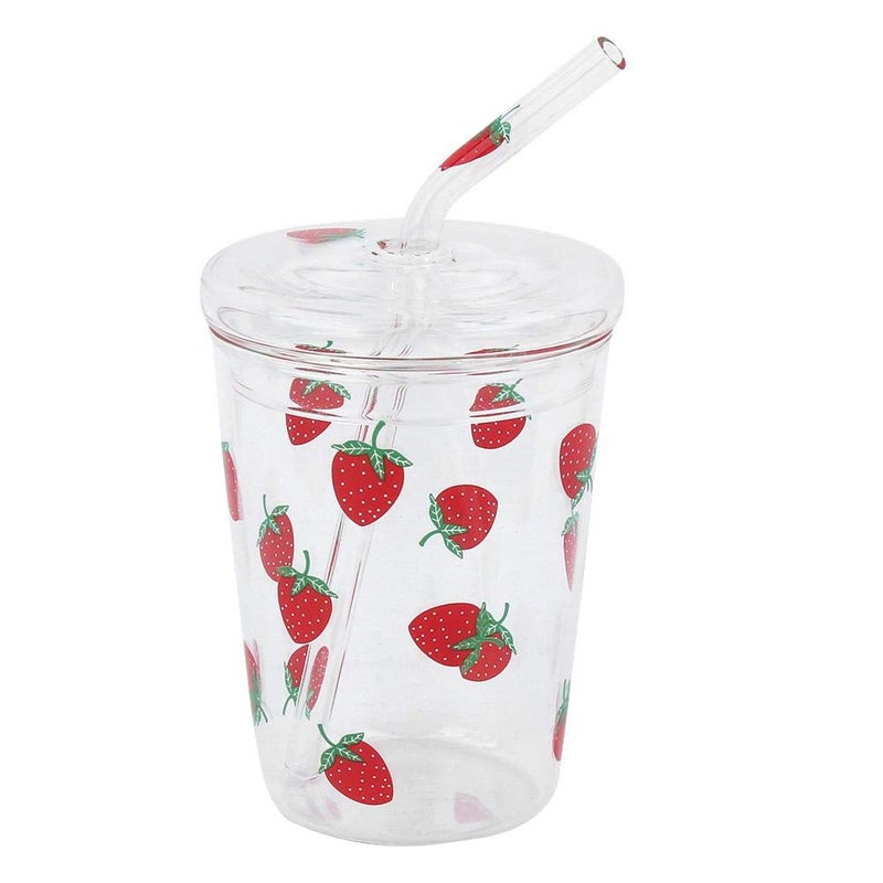 Ichiias Glass Cup HeatResisting Clear Strawberry Pattern Coffee Juice Drinking Water Mug with Straw Lid