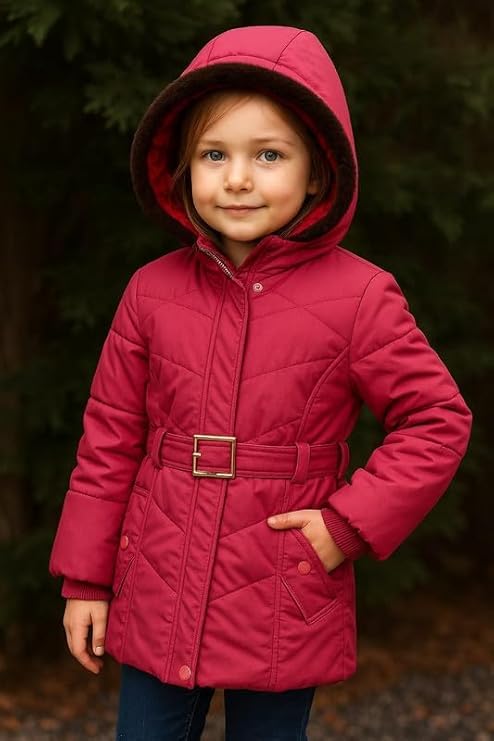Krystle Girls’ Hooded Winter Jacket – Warm Quilted Puffer Coat with Belt, Water-Resistant Outerwear for Cold Weather (Pink,4-5 Years) - Image 2