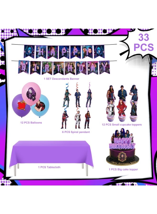 حفلة مثمرة زينة حفلات عيد ميلاد مستوحاة من فيلم "الأحفاد"، مجموعة زينة مكونة من 33 قطعة - بالونات، لافتة، مفرش طاولة، زينة كب كيك، قلادة حلزونية، وغيرها من مستلزمات حفلات عيد ميلاد مستوحاة من فيلم "الأحفاد". - Image 2