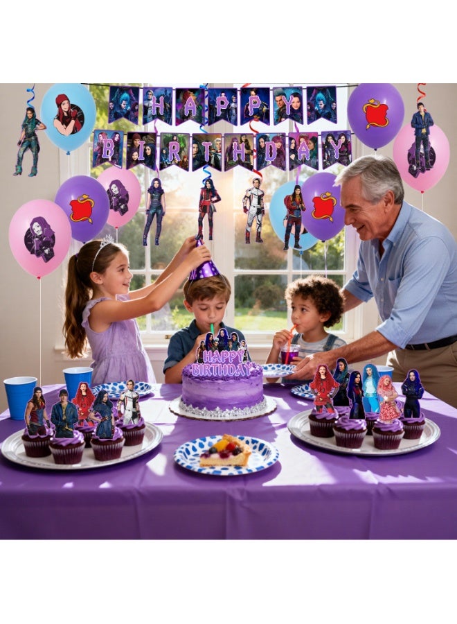 حفلة مثمرة زينة حفلات عيد ميلاد مستوحاة من فيلم "الأحفاد"، مجموعة زينة مكونة من 33 قطعة - بالونات، لافتة، مفرش طاولة، زينة كب كيك، قلادة حلزونية، وغيرها من مستلزمات حفلات عيد ميلاد مستوحاة من فيلم "الأحفاد". - Image 5