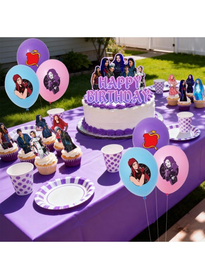 حفلة مثمرة زينة حفلات عيد ميلاد مستوحاة من فيلم "الأحفاد"، مجموعة زينة مكونة من 33 قطعة - بالونات، لافتة، مفرش طاولة، زينة كب كيك، قلادة حلزونية، وغيرها من مستلزمات حفلات عيد ميلاد مستوحاة من فيلم "الأحفاد". - Image 4