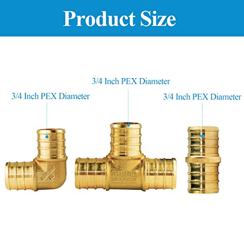 WiseWater 36 Pcs Pex Fittings 34 inch T PEX Tee12PCS 90 Degree Elbow Straight Coupling Brass Barb Crimp Pipe Fitting for Pex PipePack of 36 UPC Certified - Image 3
