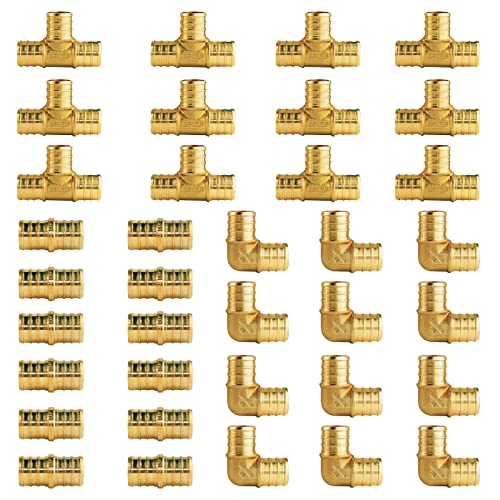 WiseWater 36 Pcs Pex Fittings 34 inch T PEX Tee12PCS 90 Degree Elbow Straight Coupling Brass Barb Crimp Pipe Fitting for Pex PipePack of 36 UPC Certified - Image 1