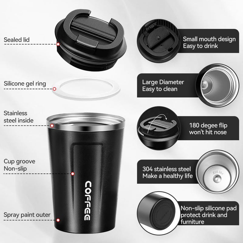 Proxima Direct Coffee Travel Mug 380ml Stainless Steel Insulated Reusable Cup with Leak Proof Lid EcoFriendly Coffee Cup for Hot Cold Drinks Black - Image 3