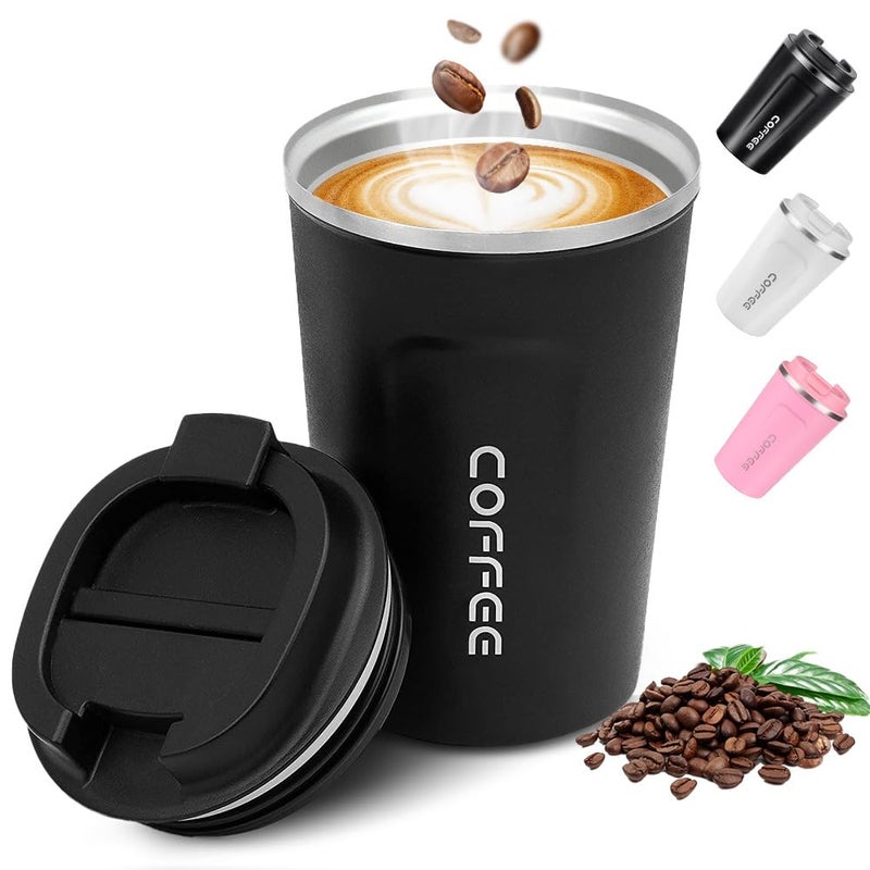 Proxima Direct Coffee Travel Mug 380ml Stainless Steel Insulated Reusable Cup with Leak Proof Lid EcoFriendly Coffee Cup for Hot Cold Drinks Black - Image 1