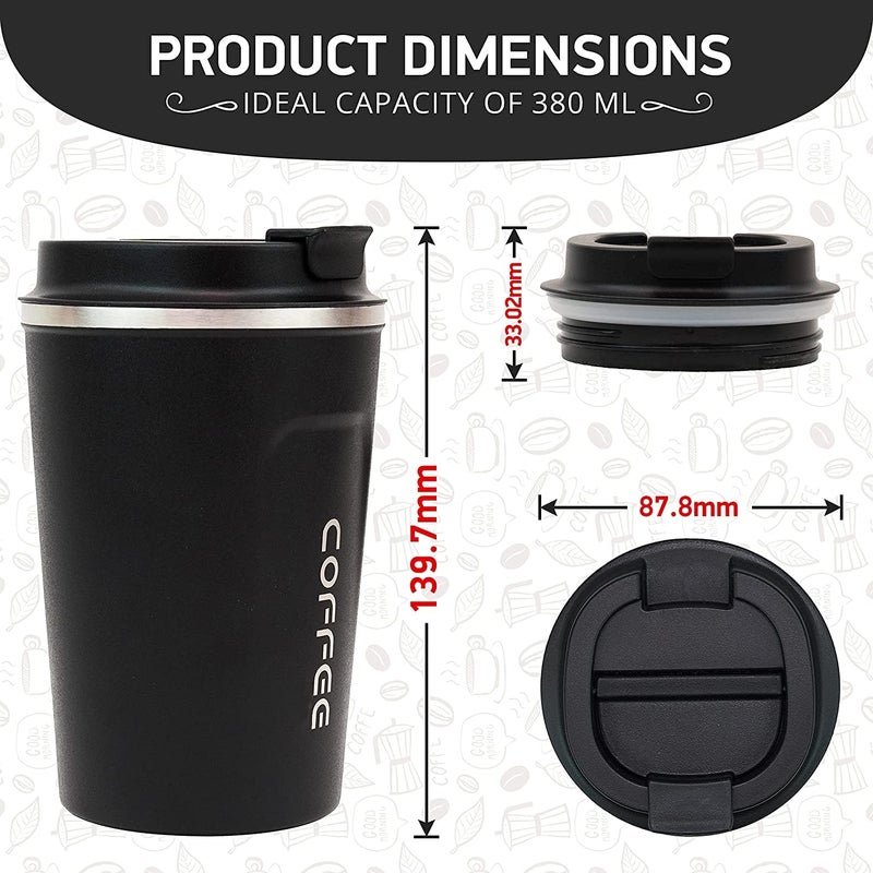 Proxima Direct Coffee Travel Mug 380ml Stainless Steel Insulated Reusable Cup with Leak Proof Lid EcoFriendly Coffee Cup for Hot Cold Drinks Black - Image 2