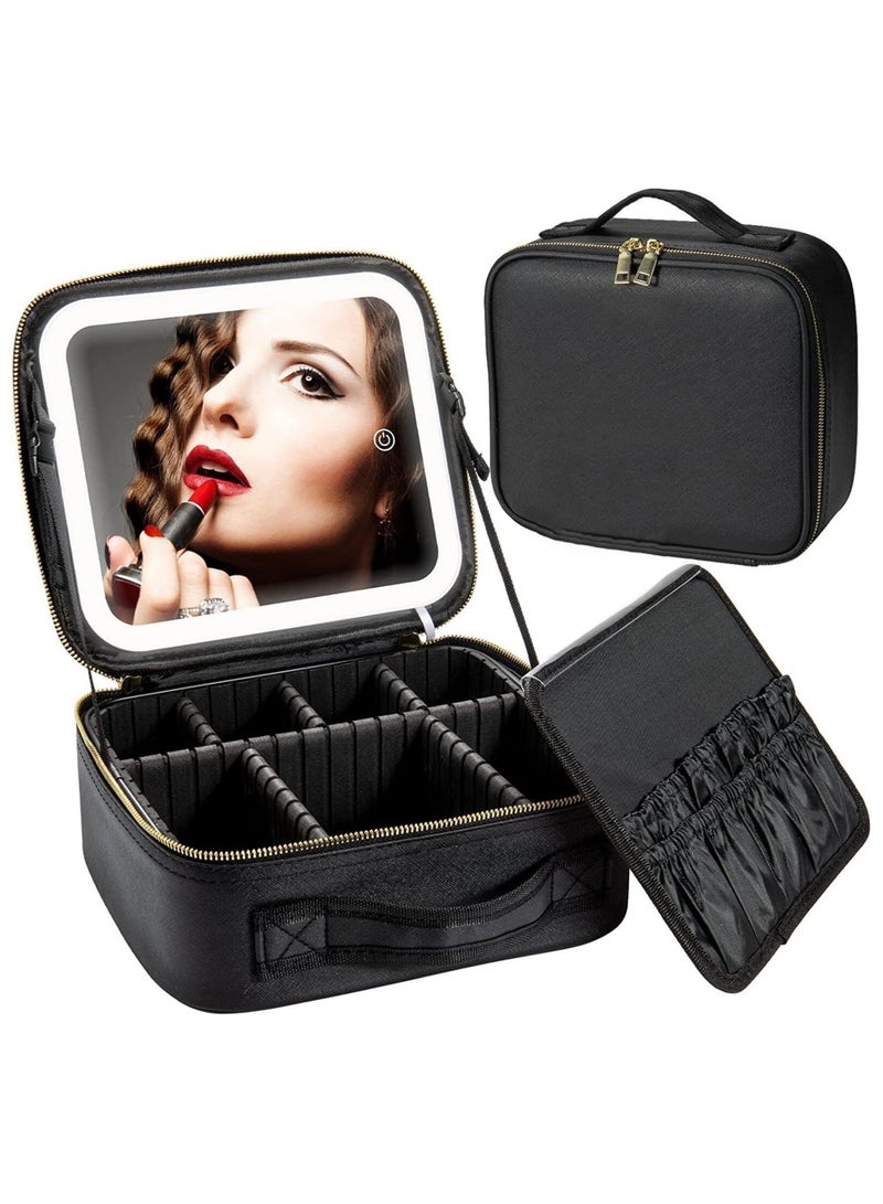 GGEROU Travel Makeup Bag with Light Up Mirror 3 Color Scenarios Adjustable Brightness Black - Image 1