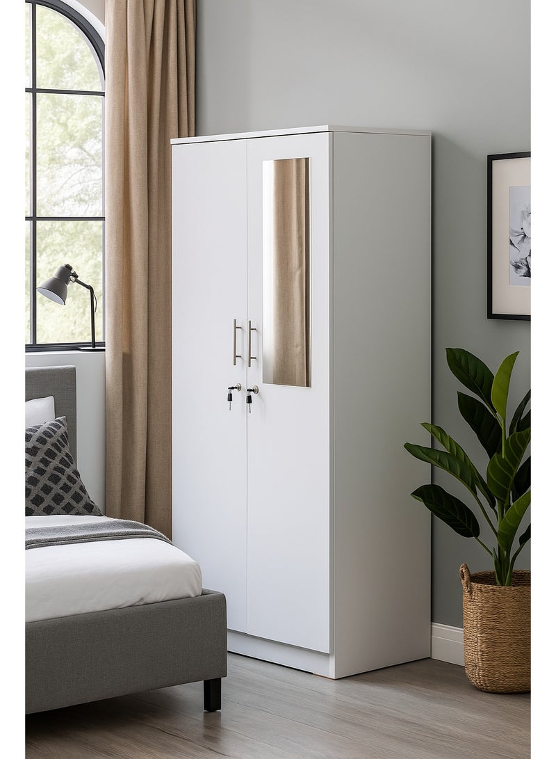 AFT Spacious Two-Door MDF Wardrobe with Lockable Compartments, Durable Metal Hinges, and Multiple Shelves for Organized Storage – Featuring Premium White Finish (Arfan) - Image 2