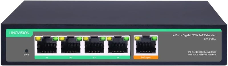 LINOVISION موسع PoE جيجابت 4 منافذ من مع مدخل PoE بقدرة 90 واط، مكرر PoE IEEE802.3af/at/bt، معزز PoE 1 إلى 4، مفتاح تمرير طاقة PoE لكاميرات IP وهواتف IP - Image 1