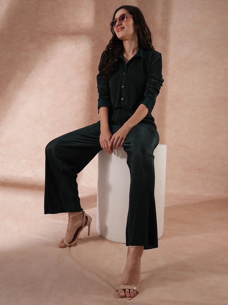 Globus Women Green Self-Design Crop Shirt With Party Trousers