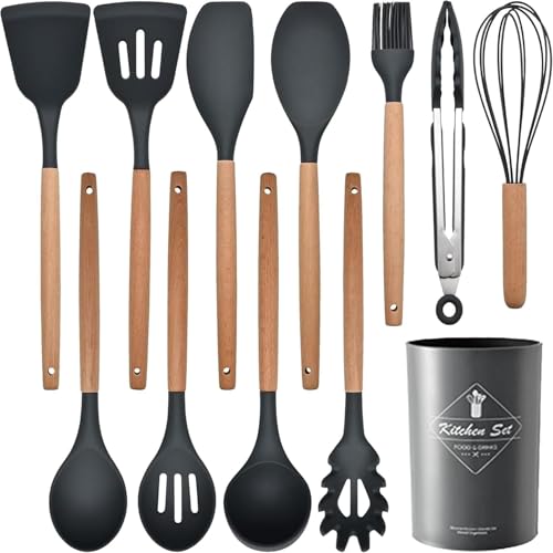 SKYTONE Silicone Kitchen Spatula and Utensils Spoon Set 12-Piece Silicone Kitchen Cooking Utensils Set, Non-Stick Utensils Set Heat Resistant Easy Clean, BPA Free (Grey) - Image 1