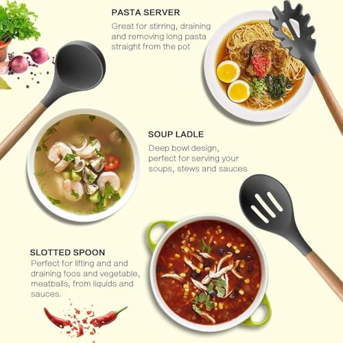 SKYTONE Silicone Kitchen Spatula and Utensils Spoon Set 12-Piece Silicone Kitchen Cooking Utensils Set, Non-Stick Utensils Set Heat Resistant Easy Clean, BPA Free (Grey) - Image 5