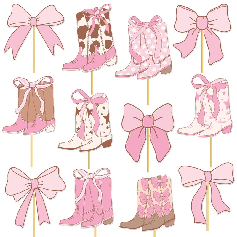 umoni Western Cowgirl Centerpiece Sticks 16PCS Coquette Bow Cowgirl Boots Party Table Topper Decorations Pink Bow and Boots Table Centerpieces for Coquette Cowgirl Birthday Party Supplies - Image 2
