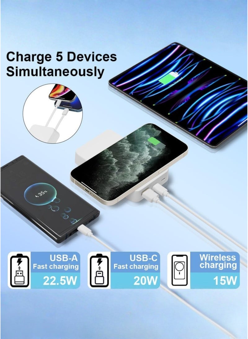 LEVINO MagSafe 10000mAh Power Bank – 22.5W PD Fast Charging & 15W Wireless Charger, Built-in Type-C & Lightning Cables, Dual Type-C + USB Ports, Foldable Stand, Flight Approved, Temperature & Overvoltage Protection, Pocket Size – Compatible with iPhone 15/14/13/12 Series & Top Smartphones | White - Image 3