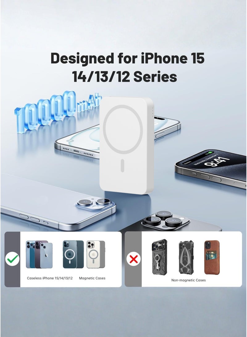 LEVINO MagSafe 10000mAh Power Bank – 22.5W PD Fast Charging & 15W Wireless Charger, Built-in Type-C & Lightning Cables, Dual Type-C + USB Ports, Foldable Stand, Flight Approved, Temperature & Overvoltage Protection, Pocket Size – Compatible with iPhone 15/14/13/12 Series & Top Smartphones | White - Image 2