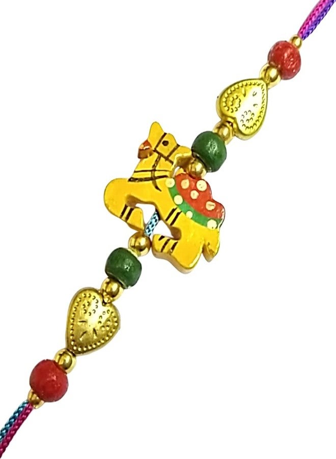 Krishna Rakhi Fancy Yellow Wooden Camel pendal with Heart Metal Bead Environment Friendly for Rakshabandhan for Men and Boys - Image 1
