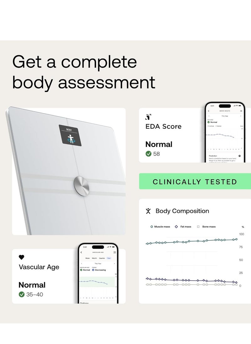 Body Comp -Advanced smart body scale with body composition- BMI, visceral fat readings, Cardiovascular and nerve health assessment, Battery life upto 15 months and upto 8 users- White.