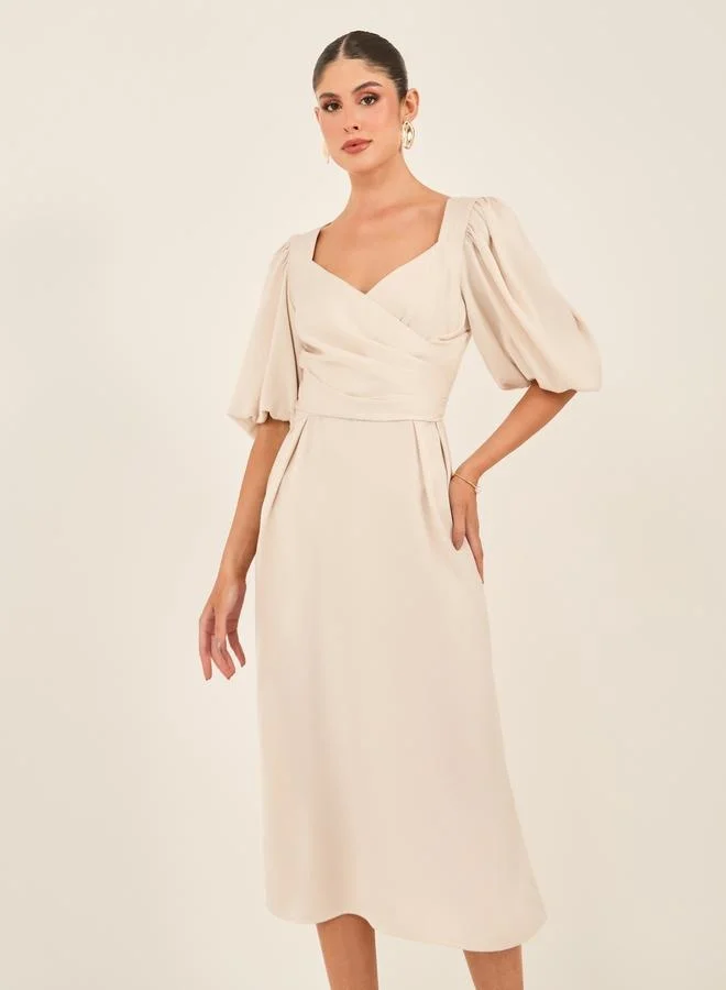 Styli Puff Sleeve Wrap A-Line Midi Dress
