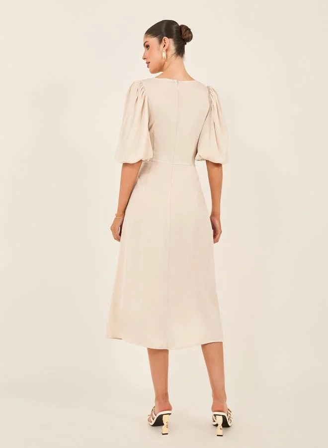 Styli Puff Sleeve Wrap A-Line Midi Dress