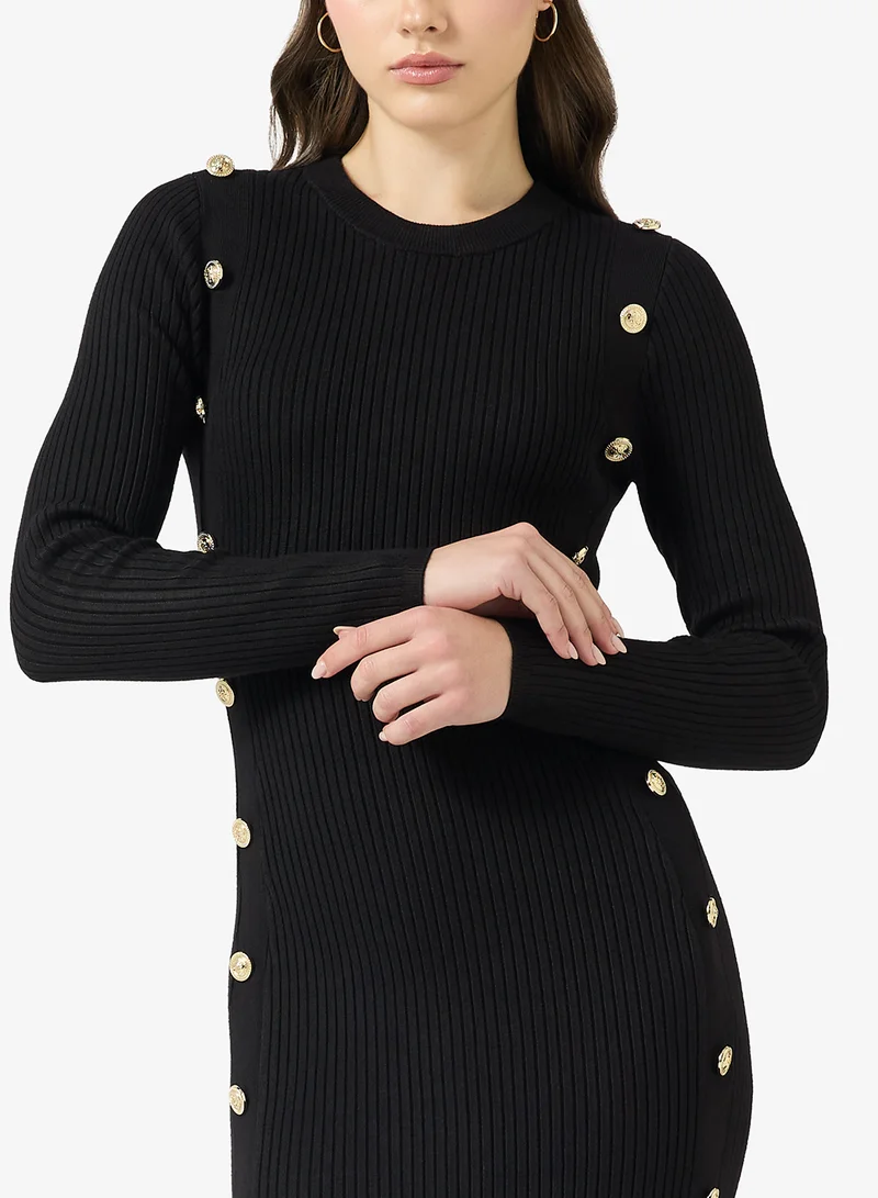 GUESS  Rib Logo Button Long Sleeve Bodycon Midi Dress for Women | Best Price UAE