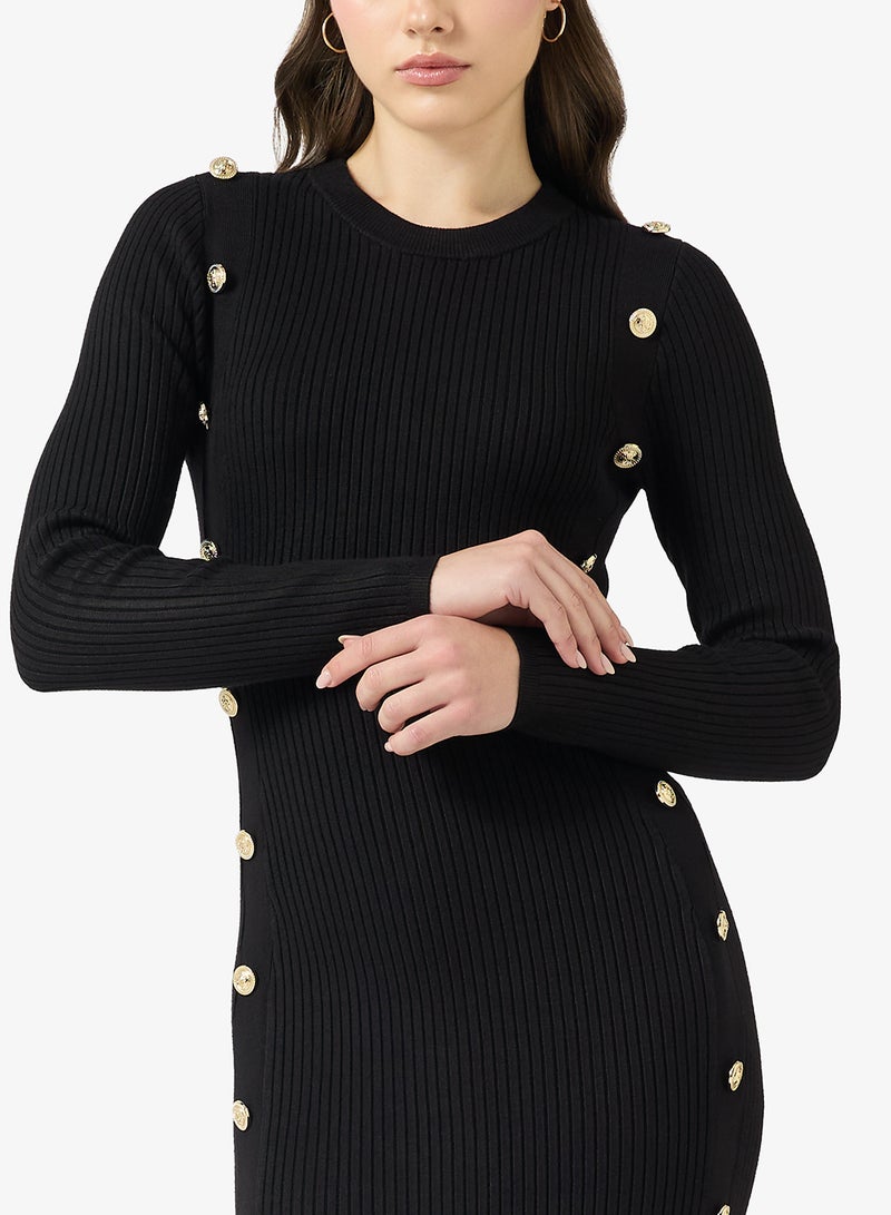 GUESS Rib Logo Button Long Sleeve Bodycon Midi Dress - Image 3
