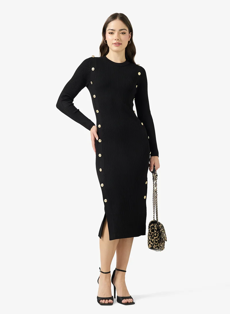 GUESS  Rib Logo Button Long Sleeve Bodycon Midi Dress for Women | Best Price UAE