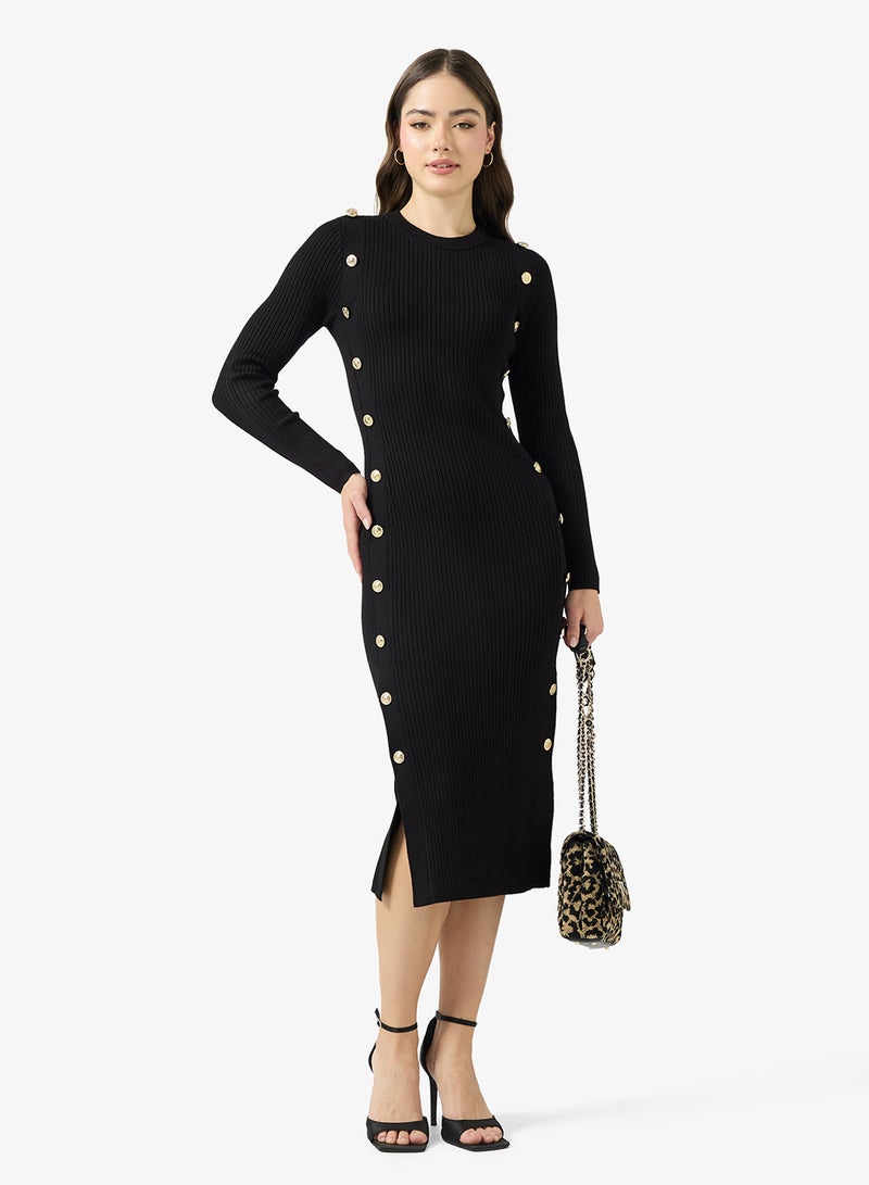 GUESS Rib Logo Button Long Sleeve Bodycon Midi Dress - Image 4